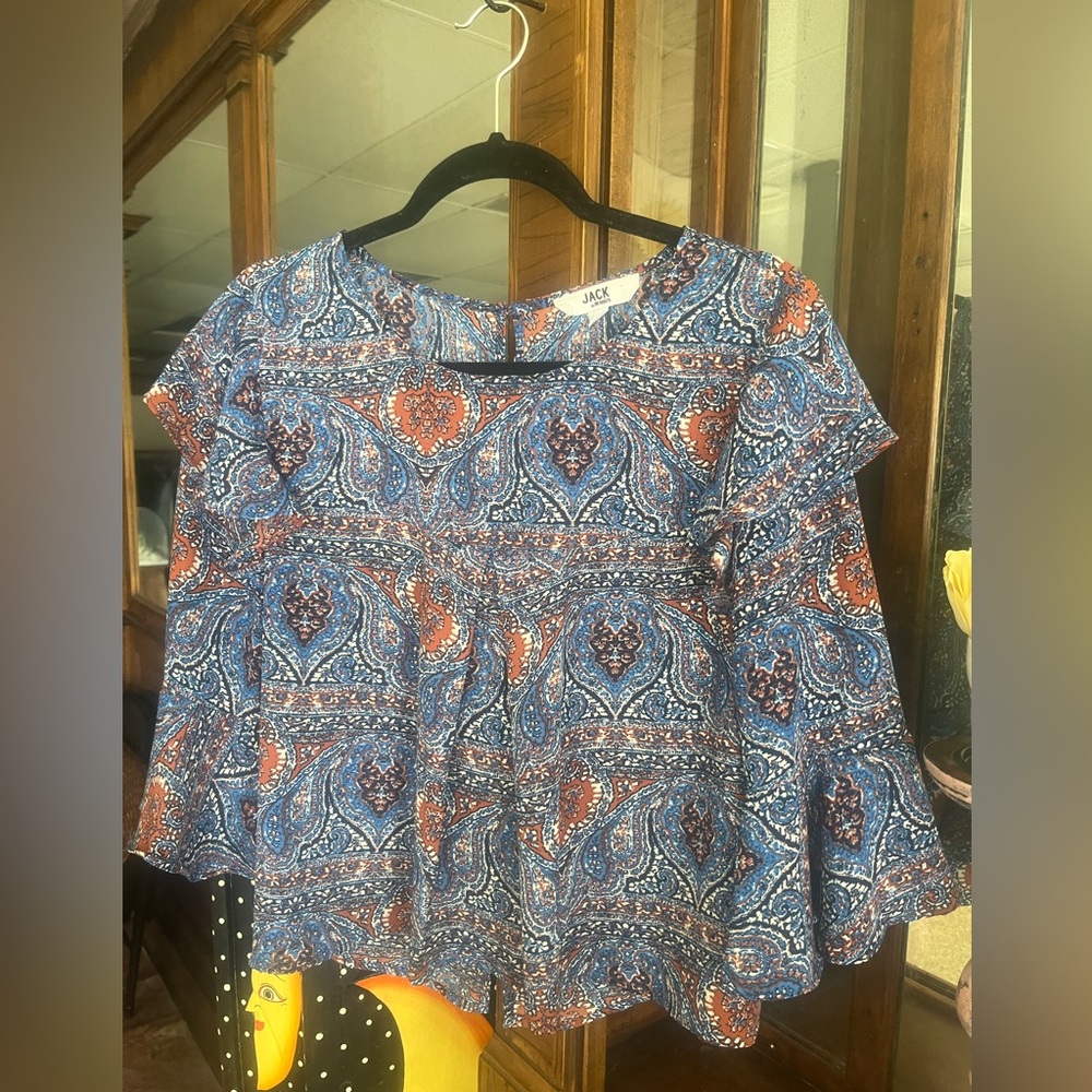 Jack by BB Dakota Blue and Orange Paisley Ruffle-Sleeve Blouse